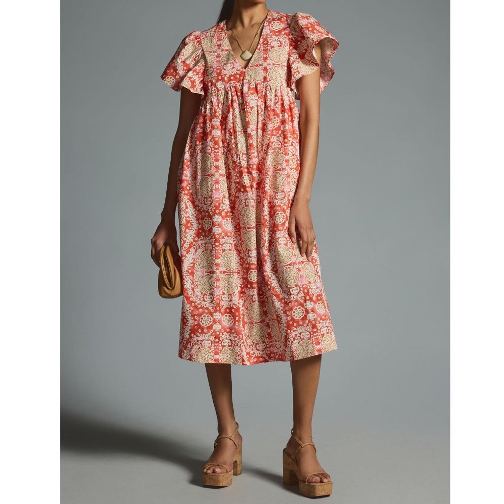 Anthropologie Maeve Printed Flutter-Sleeve Babydoll Dress Pink Combo - Small